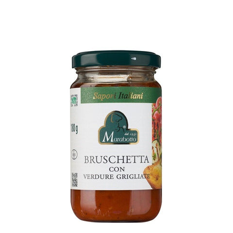 Pot de 180 g de sauce Bruschetta Italiana avec légumes grillés. Produit au Piémont par la maison familiale Marabotto. Produit sans gluten.