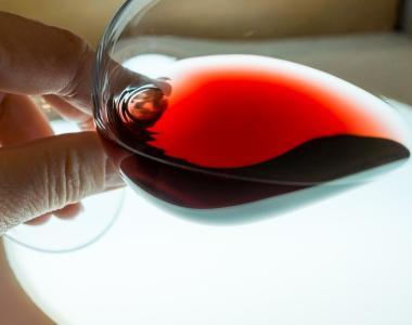 Personne qui analyse les nuances d'un vin rouge dans le verre.