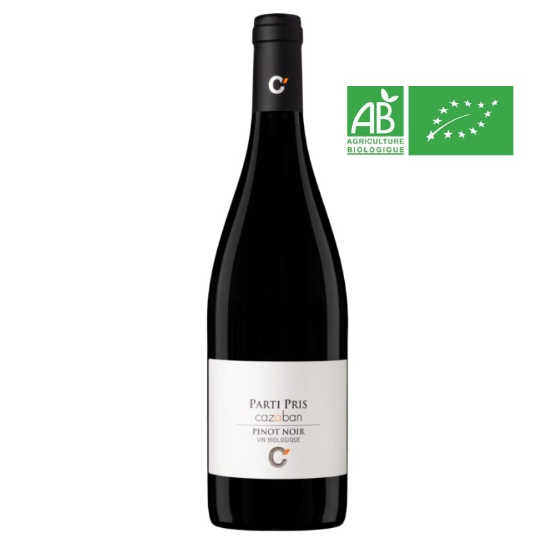 Bouteille de 75 cl de Pinot Noir, Parti Pris 2020, Vin rouge bio du Domaine de Cazaban dans le Languedoc.