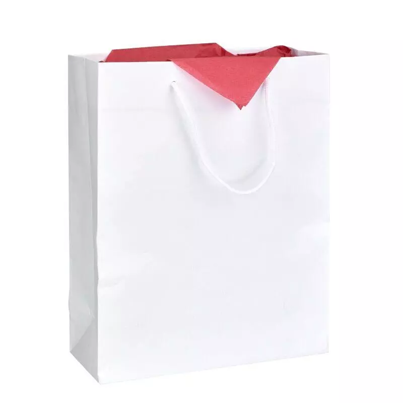 Sac cadeau blanc en papier filigrané et son papier de soie rouge.