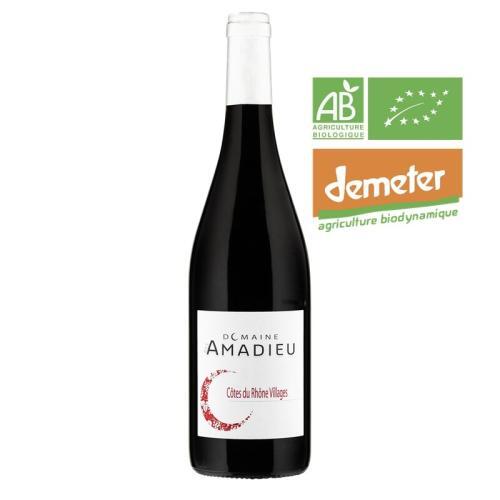 Bouteille de 75 cl de Côtes-du-Rhône Villages 2023 du Domaine des Amadieu. Ce vin est bio.